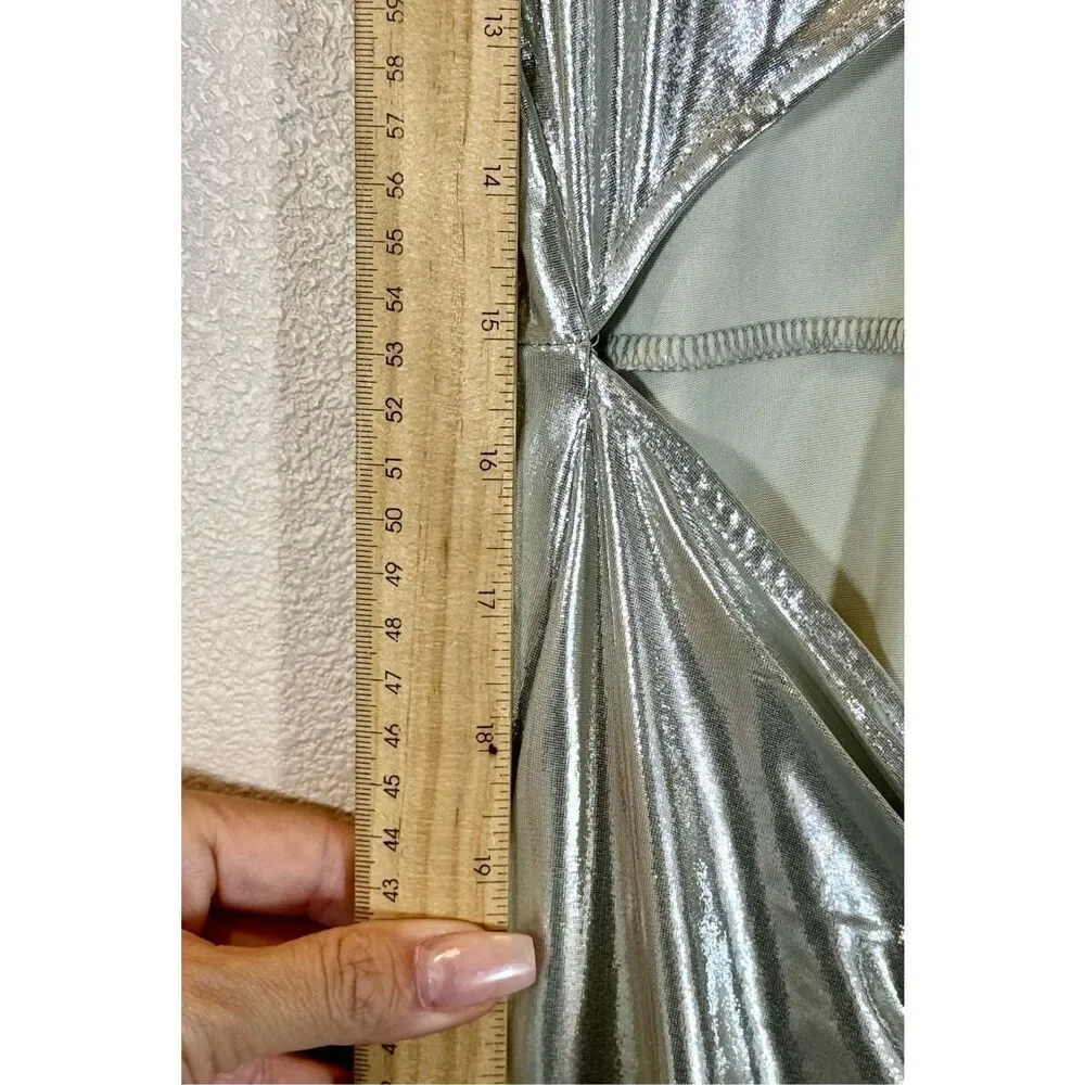 NWOT WeWoreWhat Metallic Silver Asymmetric Cutout Midi Dress Women's Small